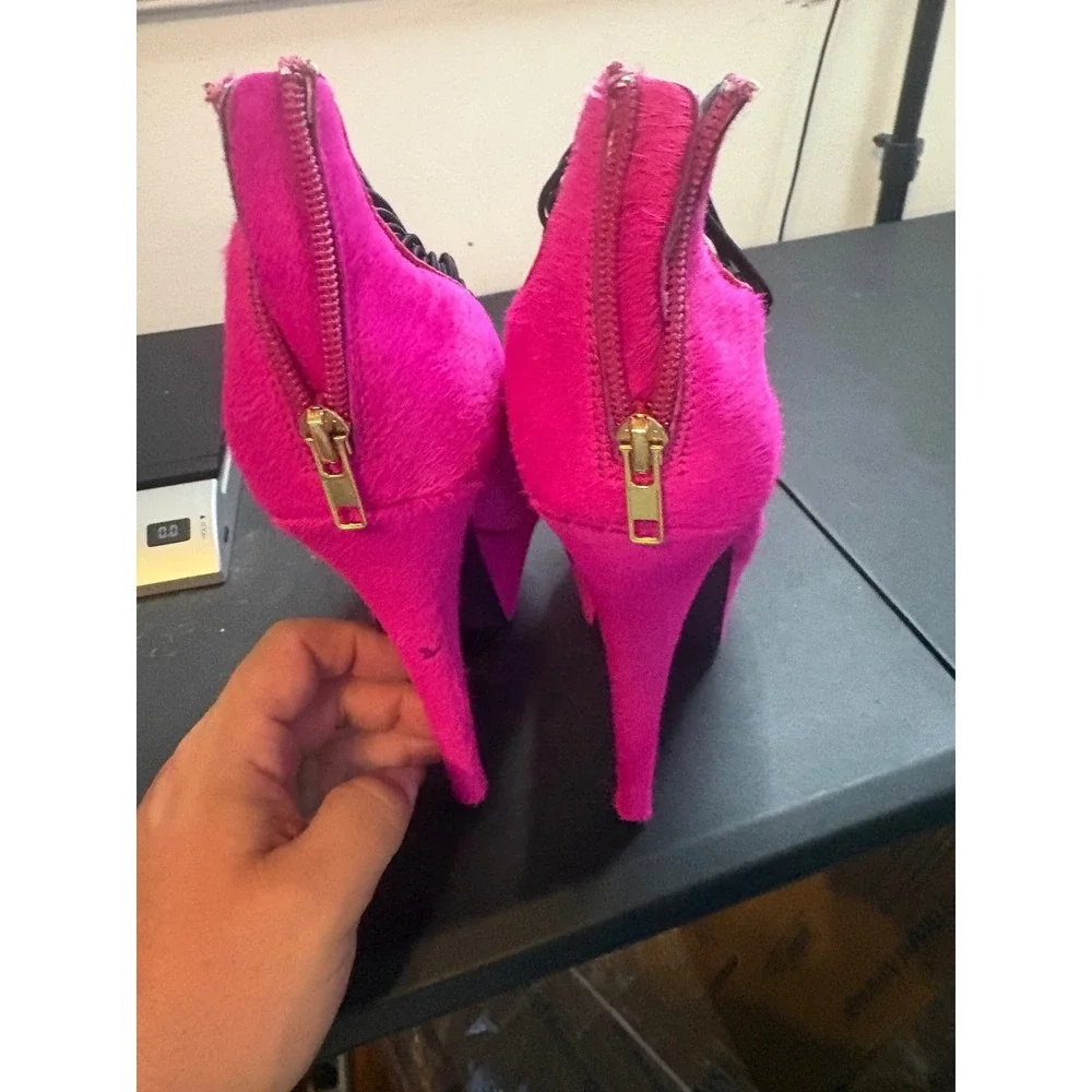 London Trash Hot Pink Pony Hair Platform Pumps Caged Multi Strap Stiletto Heels